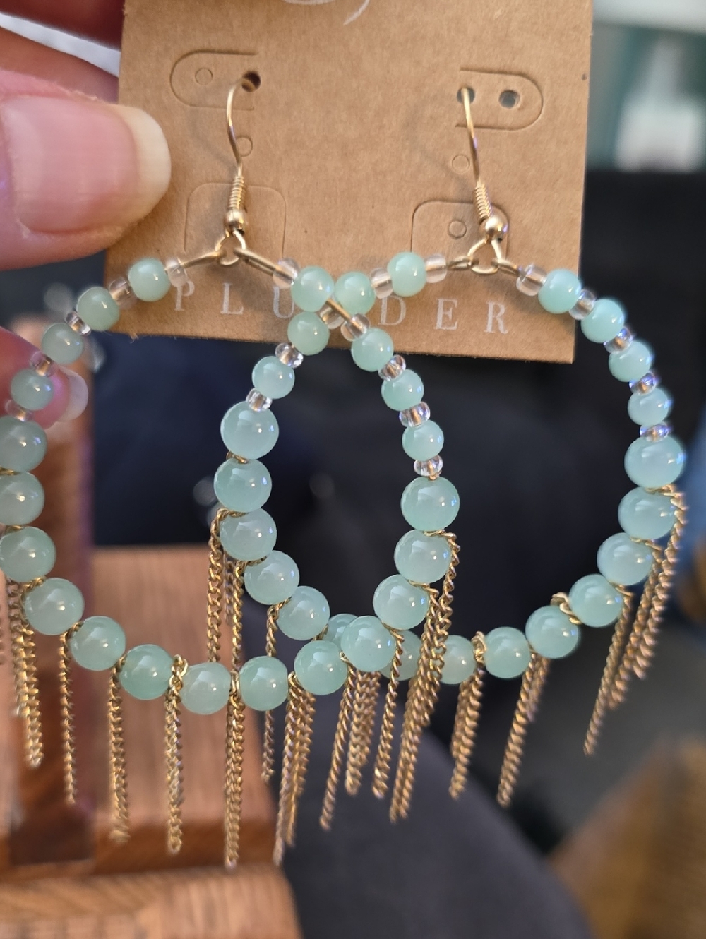 Plunder Mint Green Beaded Hoop Earrings with Gold Fringe